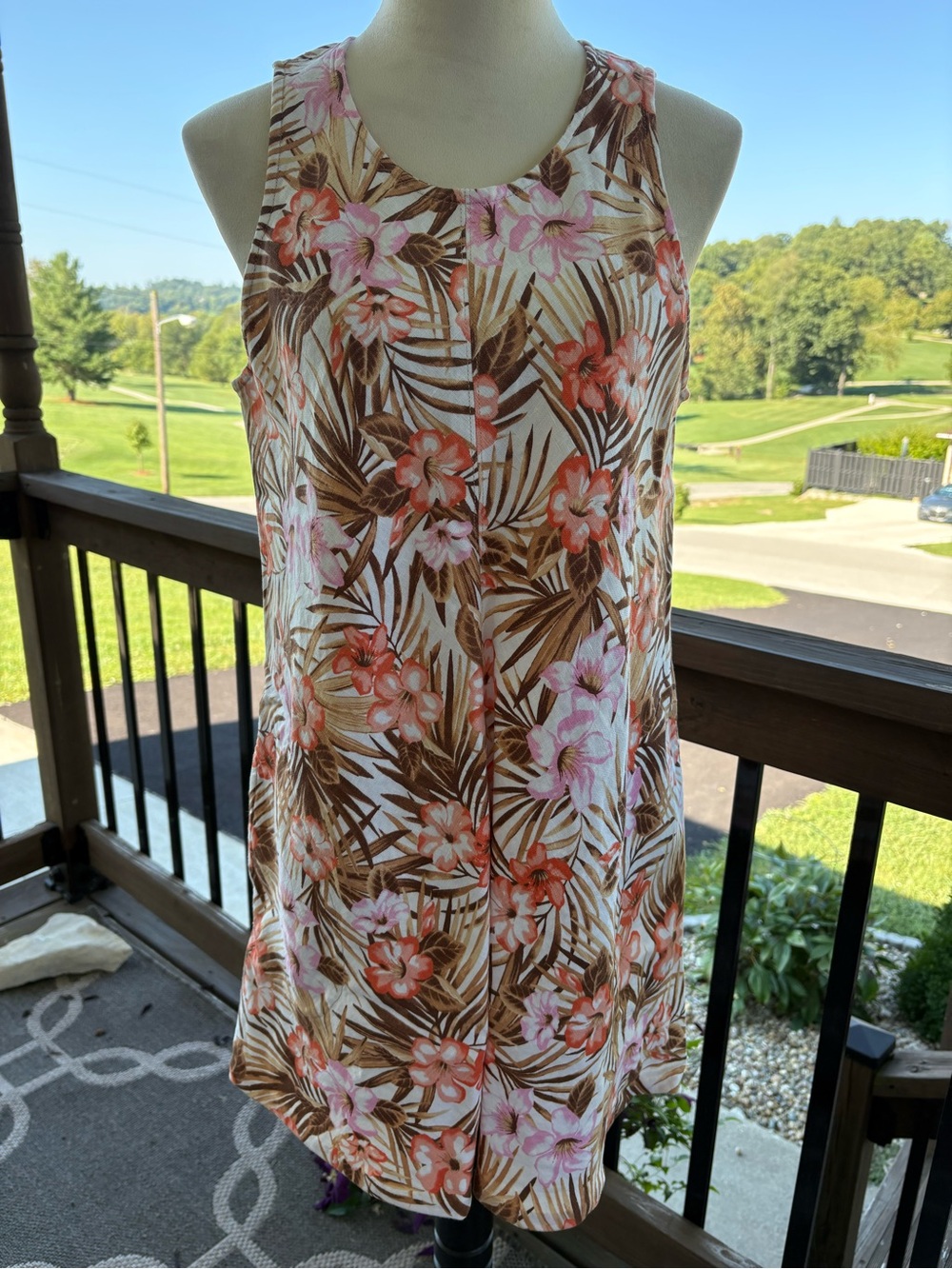 Lands' End 100% Linen Tropical Floral Sleeveless Shift  Dress M/P 10-12